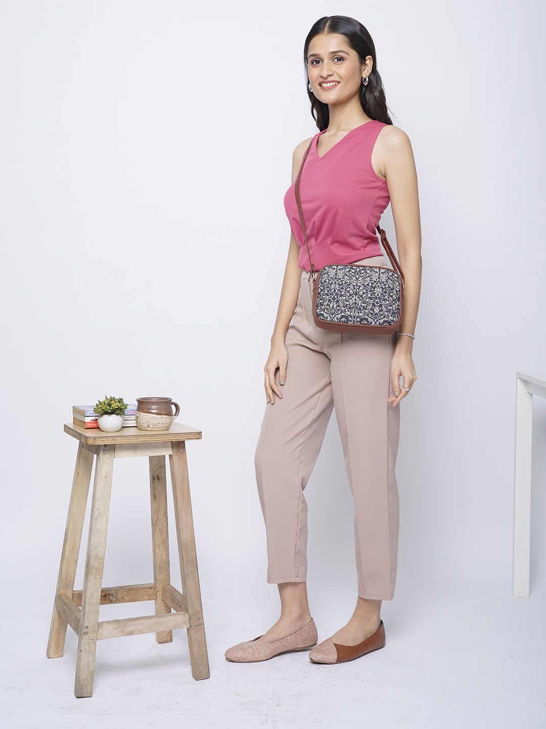 ZOUK Navy Blue & Beige Ethnic Motifs Woven Design Handcrafted Vegan Leather Sustainable Sling Bag