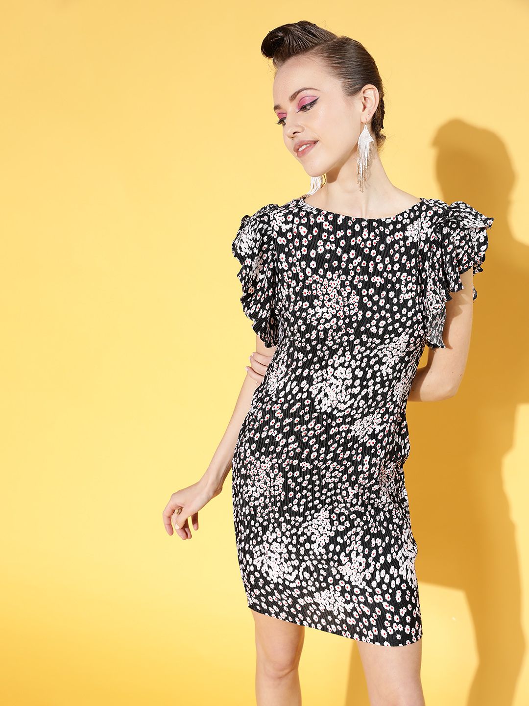 Athena Women Stylish Black Floral Feminine Frills Dress