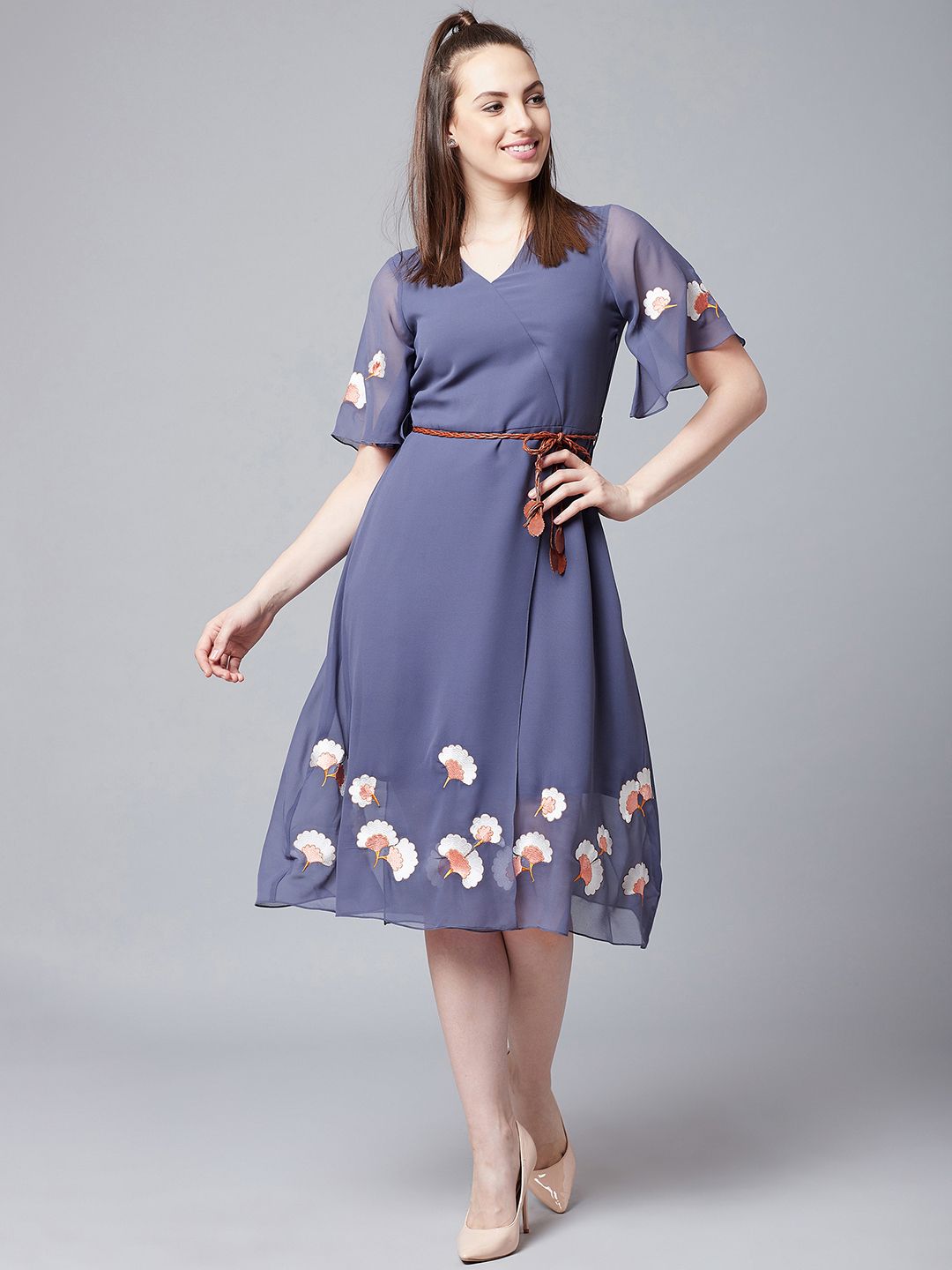 Athena Floral Embroidered V-Neck Belted A-Line Dress
