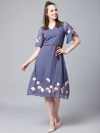 Athena Floral Embroidered V-Neck Belted A-Line Dress