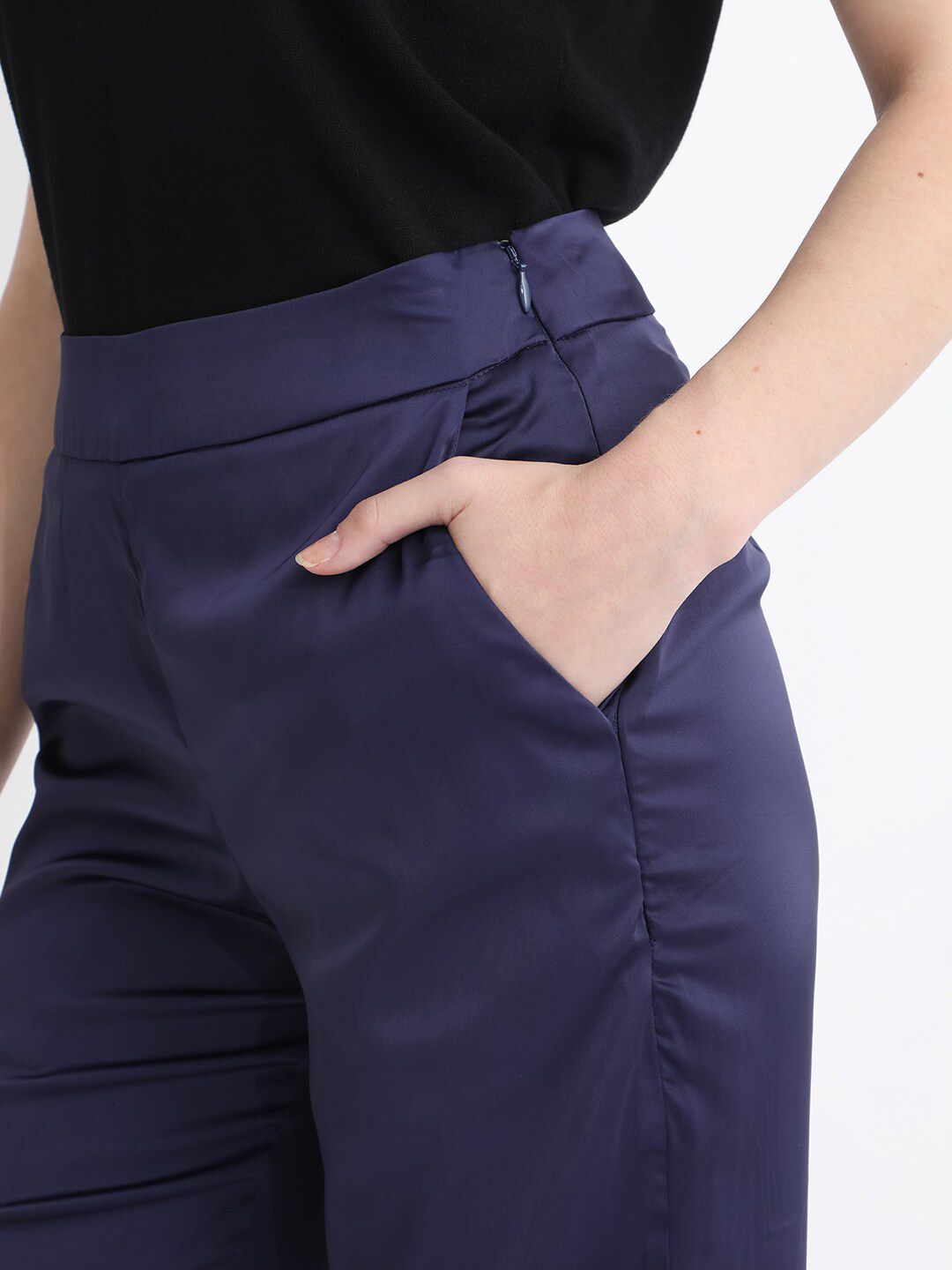 RAREISM Women Slim Fit High-Rise Plain Satin Parallel Trousers