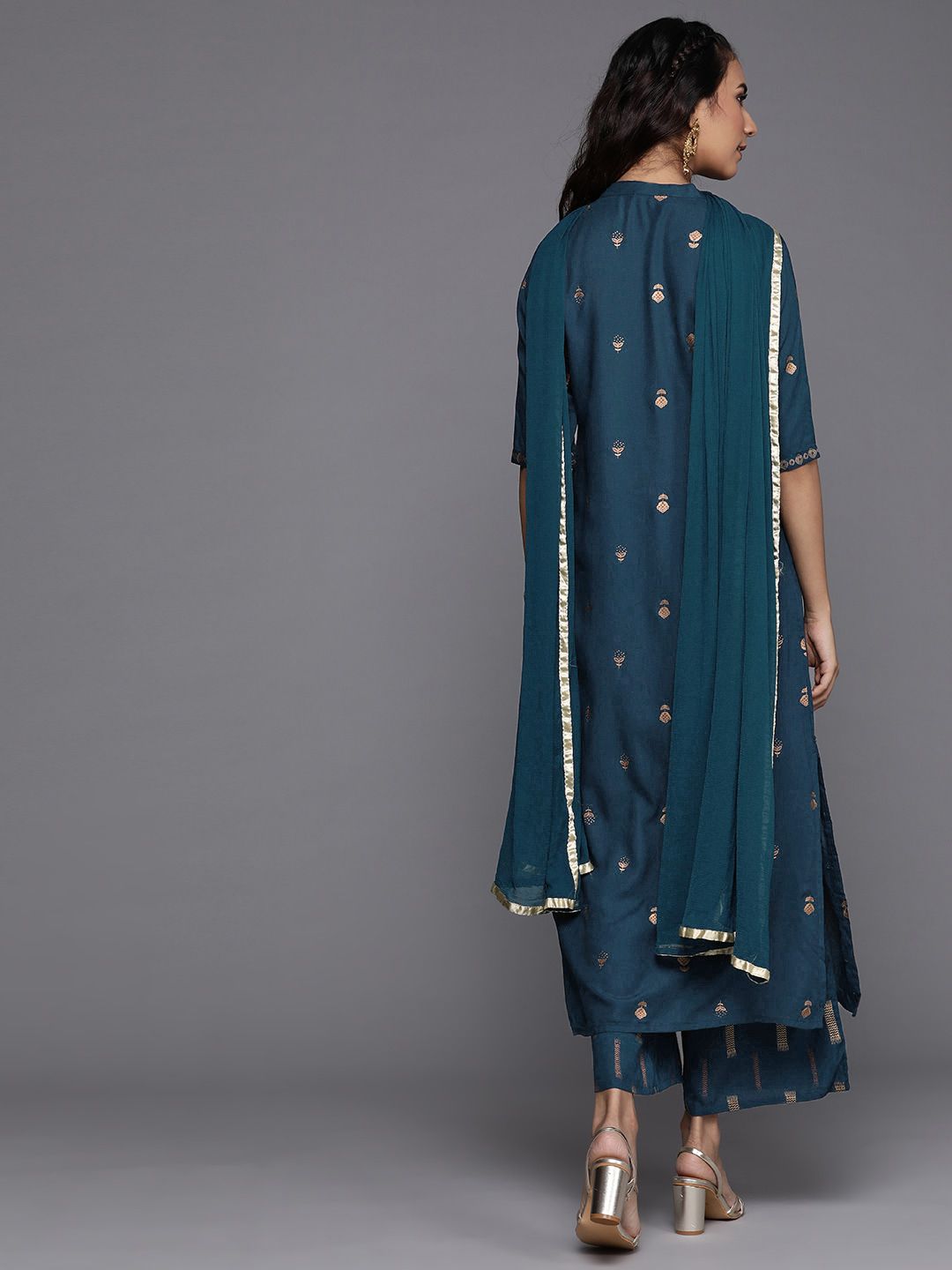 Libas Women Teal Blue & Golden Printed Kurta with Palazzos & Dupatta