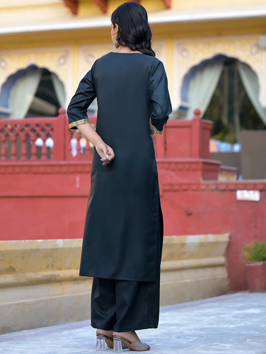 Vishudh Green Round Neck Embellished Straight Kurta & Palazzos With Dupatta