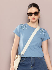 DILLINGER Women Regular Cropped Fit Embroidery Crew Neck Tshirt