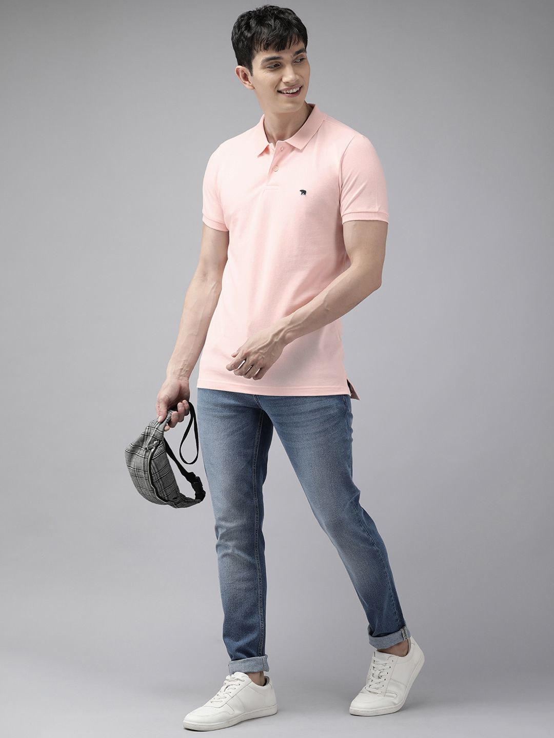 THE BEAR HOUSE Men Pink Polo Collar Cotton Slim Fit T-shirt