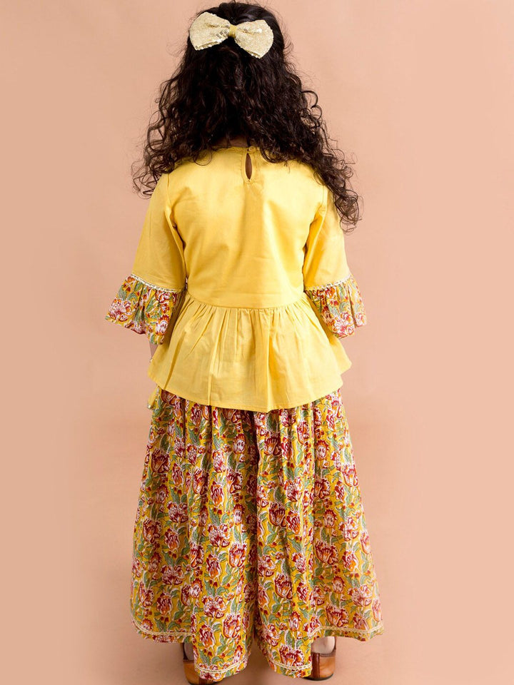 pspeaches Girls Mustard Yellow Floral Printed Angrakha Pure Cotton Kurti With Palazzos
