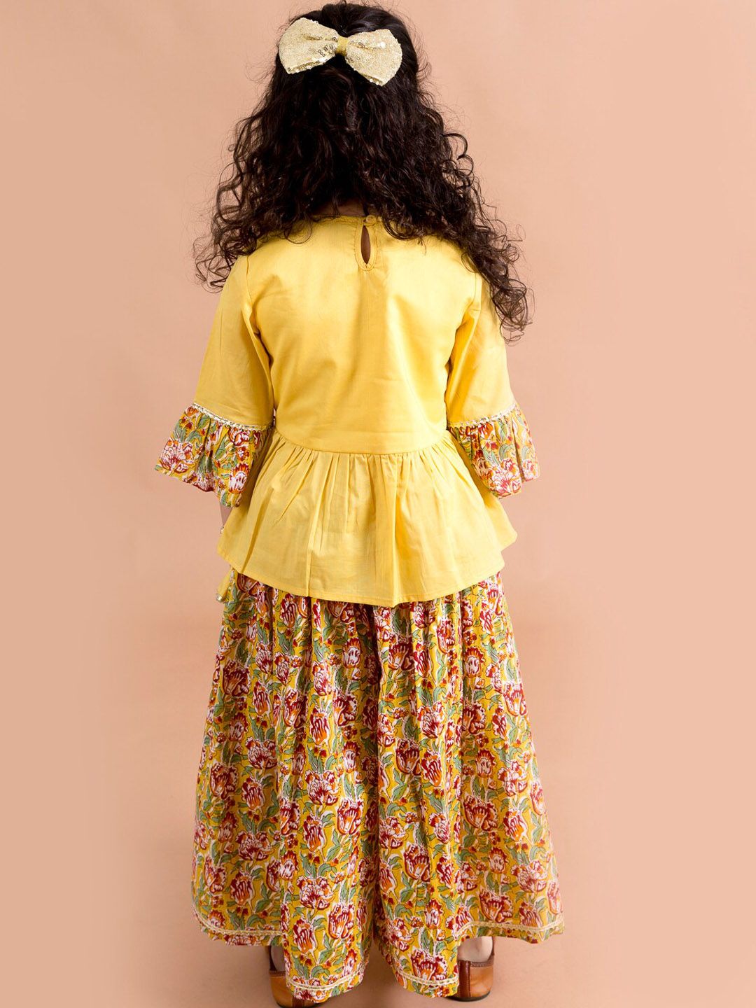 pspeaches Girls Mustard Yellow Floral Printed Angrakha Pure Cotton Kurti With Palazzos