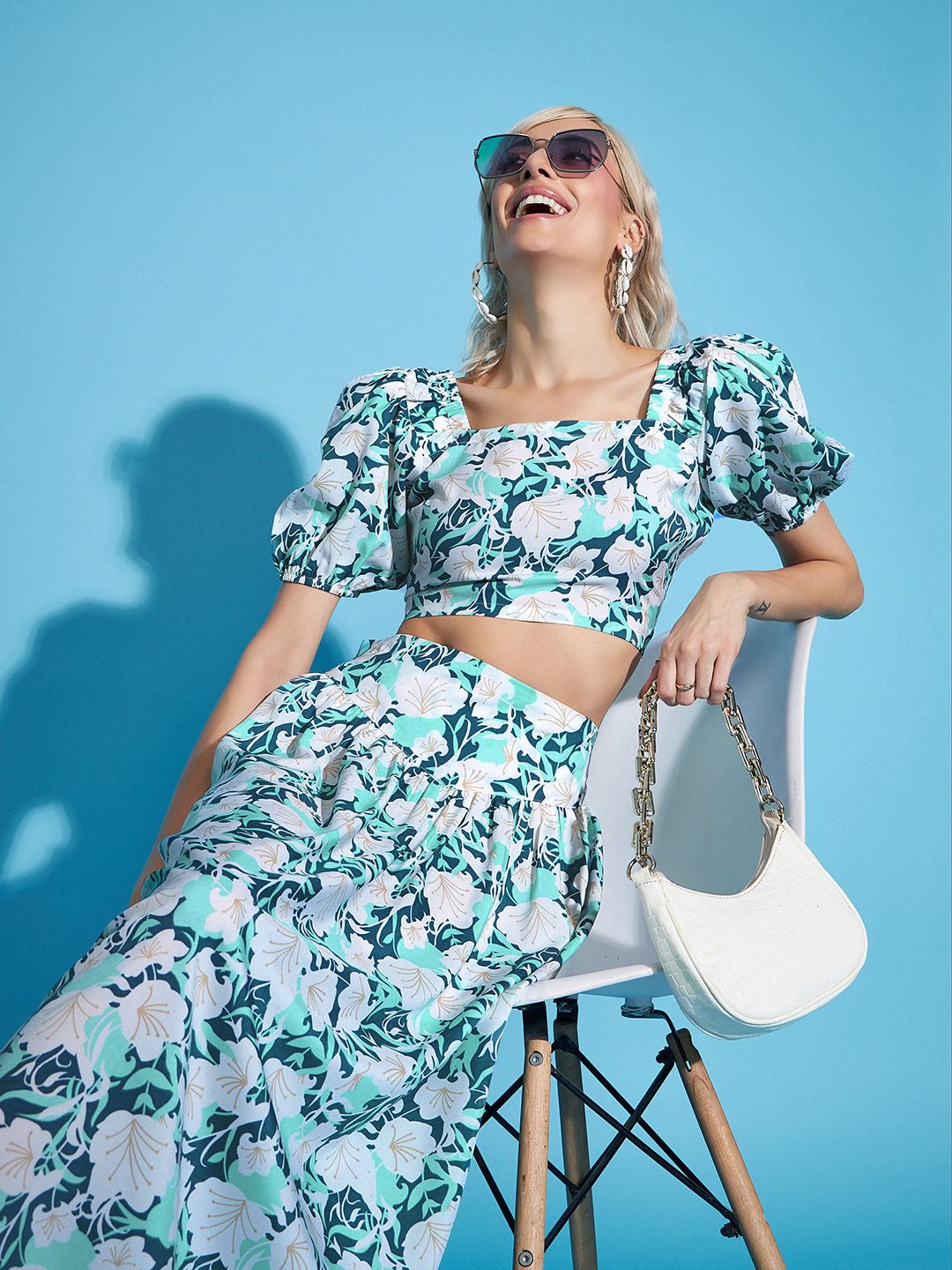 SASSAFRAS White Floral Crop Top With Flared Skirt