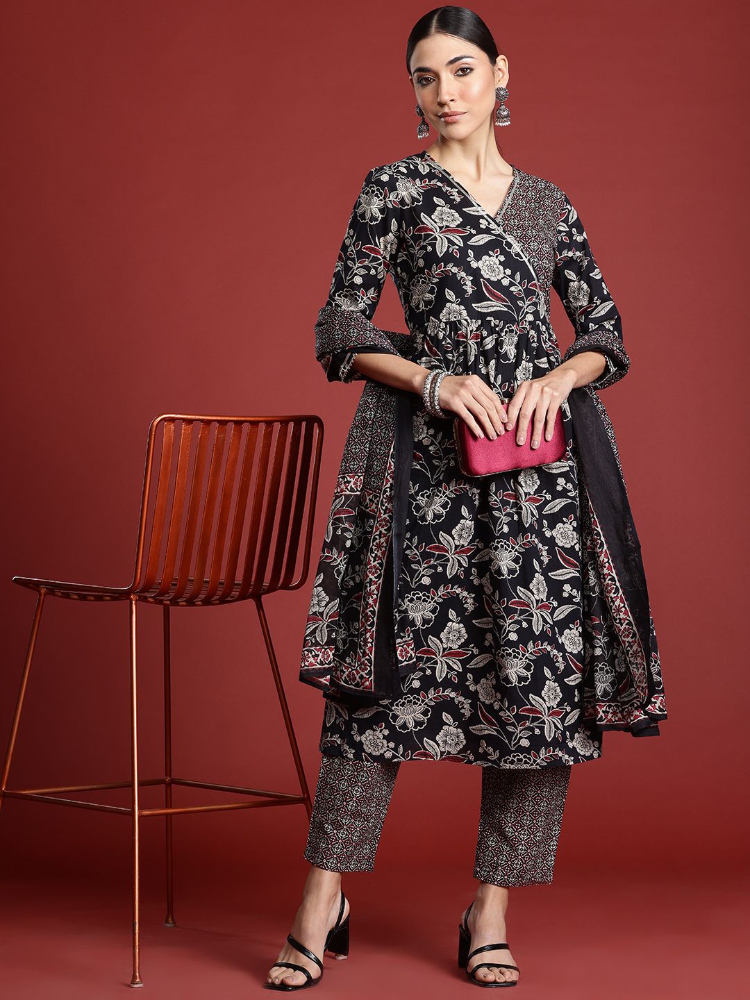 Indo Era Floral Printed Angrakha Gotta Patti Pure Cotton Kurta Set & Dupatta