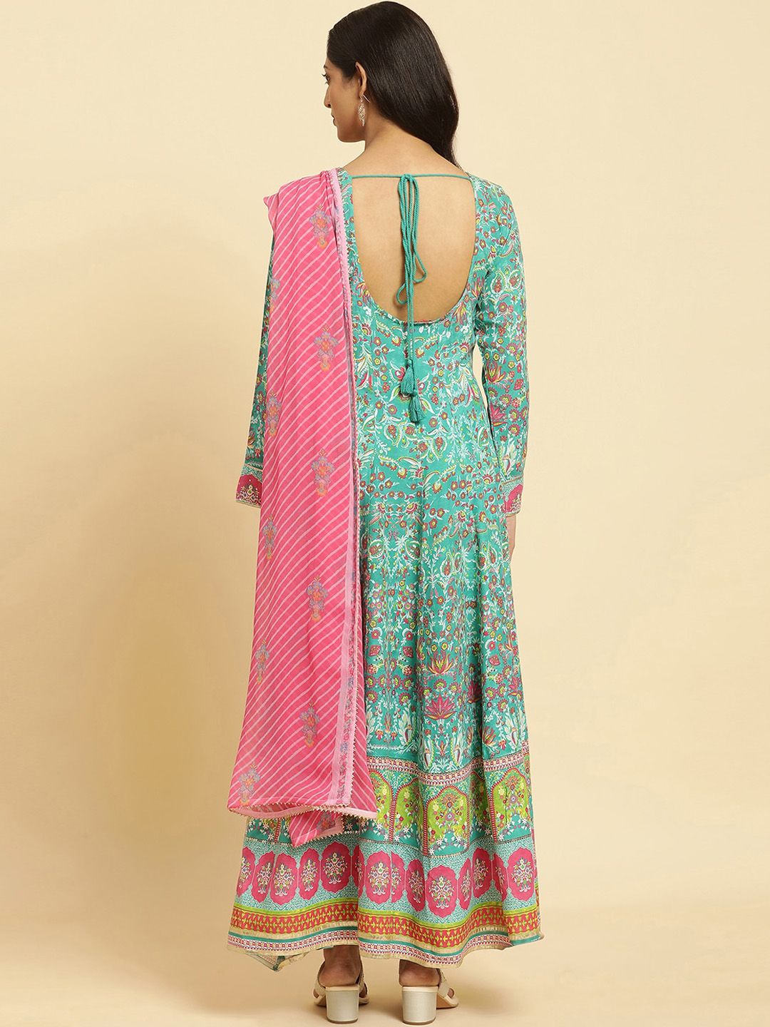 W Green Floral Printed Anarkali Thread Work Kurta With Leggings And Dupatta