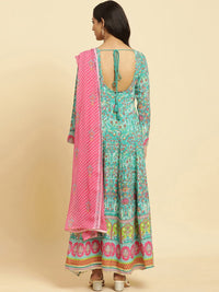 W Green Floral Printed Anarkali Thread Work Kurta With Leggings And Dupatta