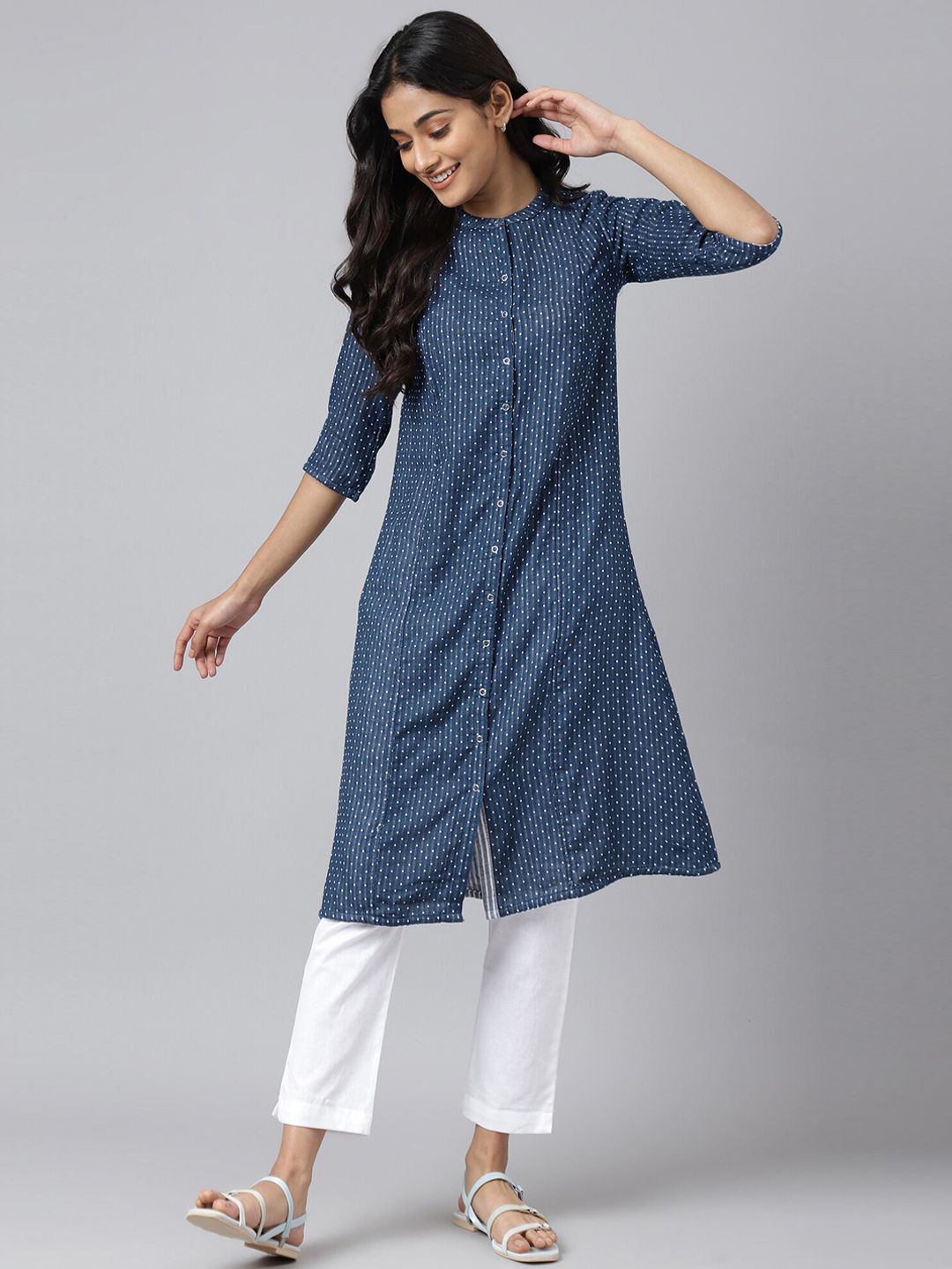 AURELIA Women Blue Front Slit A-Line Geometric Kurta