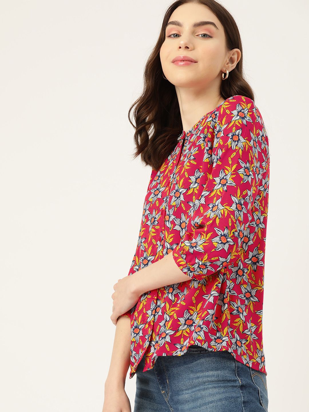 DressBerry Floral Print Mandarin Collar Puff Sleeves Shirt Style Top