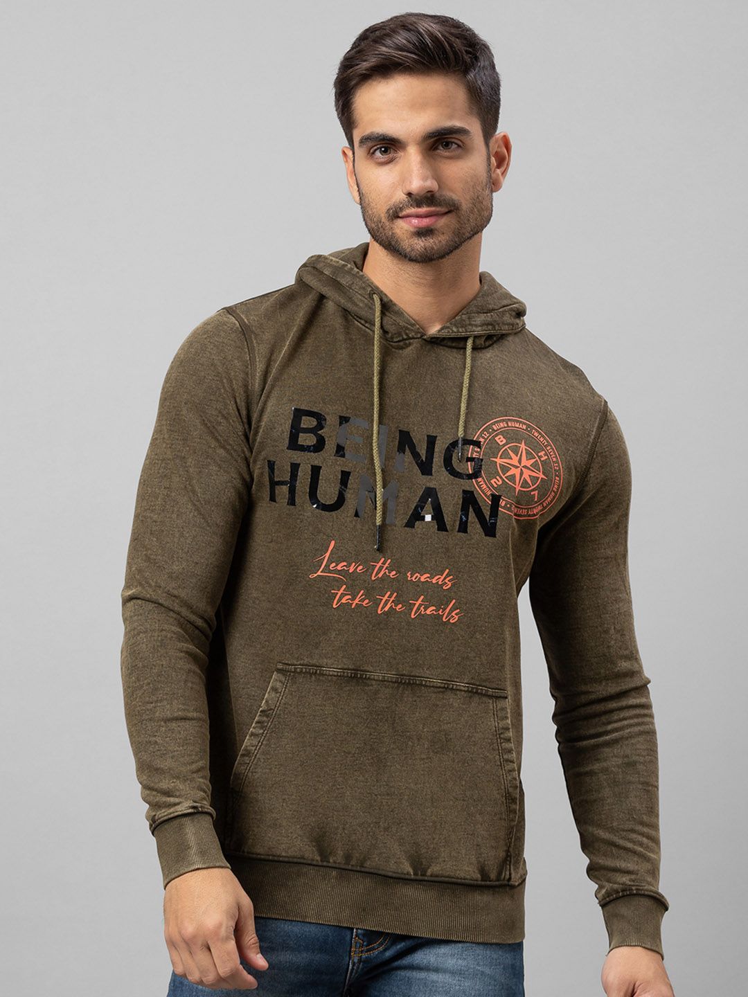 Being Human Men Olive Green Printed Hooded Cotton Sweatshirt