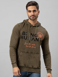 Being Human Men Olive Green Printed Hooded Cotton Sweatshirt