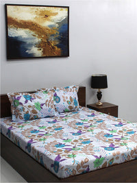 BOMBAY DYEING Ivyrose White & Blue Floral Pure Cotton 110 TC Queen Bedsheet & 2 Pillow Covers