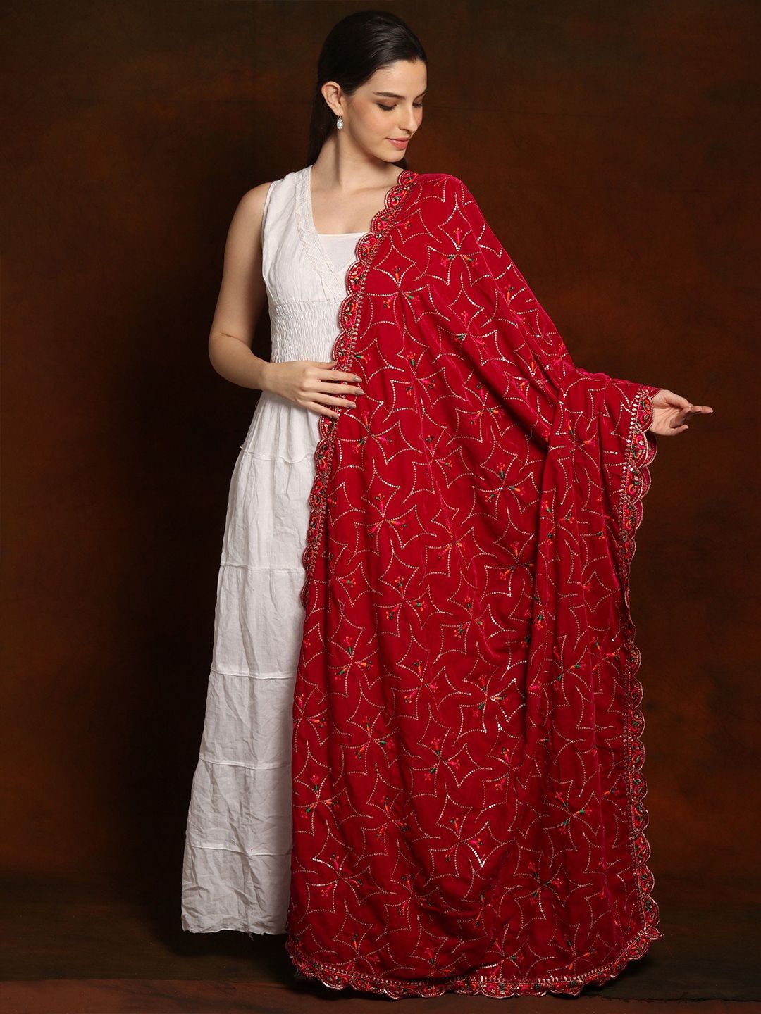 Exotic India Poppy Red Velvet Dupatta with Zari and Sequinned Diamond Pattern