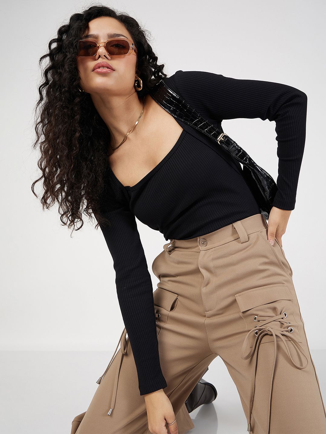 SASSAFRAS Black Ribbed Square Neck Fitted Top