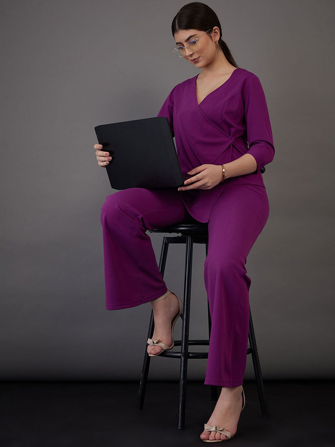 SASSAFRAS worklyf Asymmetric Wrap Top With Bell Bottom Trousers