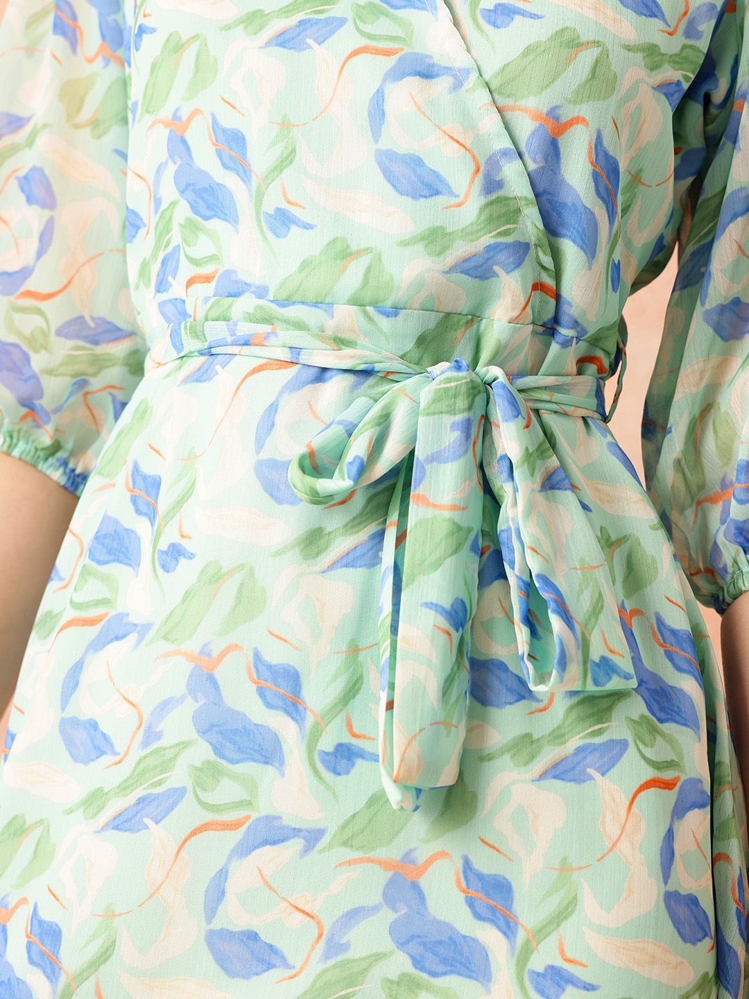 all about you Floral Print Puff Sleeves Wrap-Style A-Line Dress