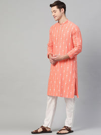 See Designs Men Peach-Coloured & White Self Design Kurta with Pyjamas