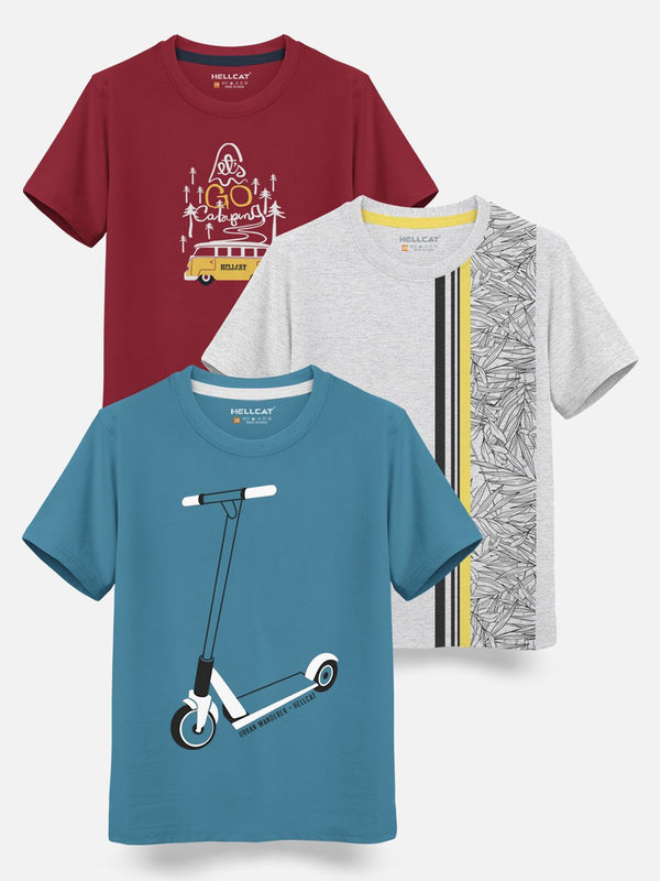 HELLCAT Boys Pack Of 3 Printed Cotton T-shirt
