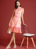 all about you Printed Ruched Halter Neck A-Line Dress