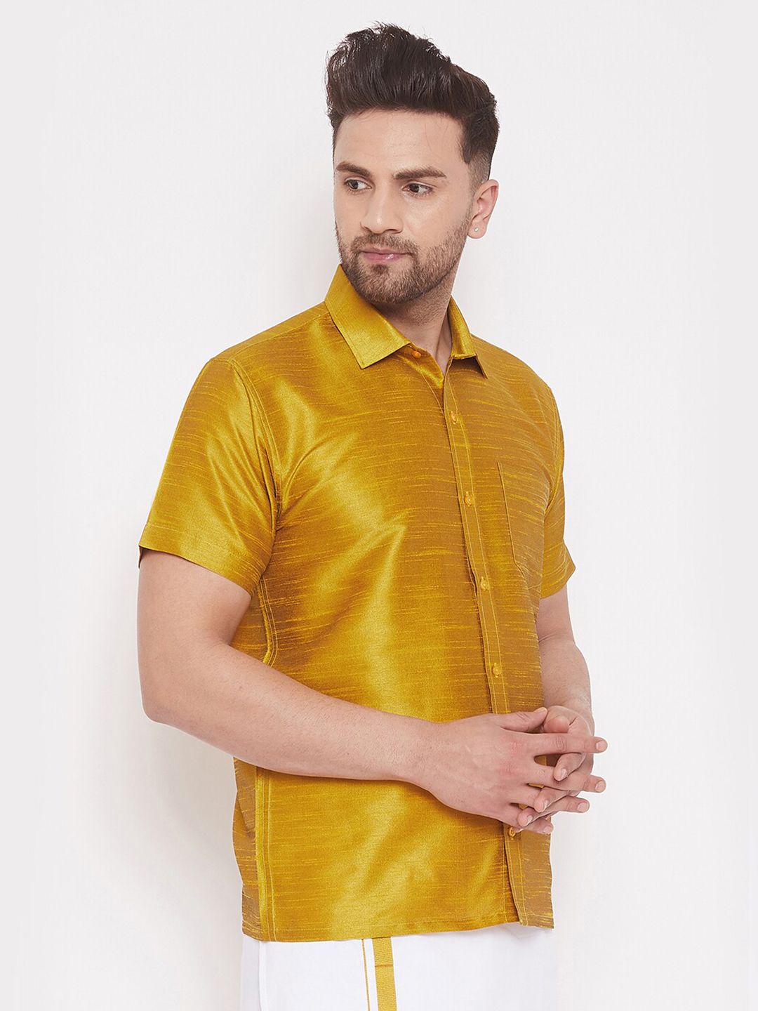 VASTRAMAY Premium Spread Collar Silk Shirt