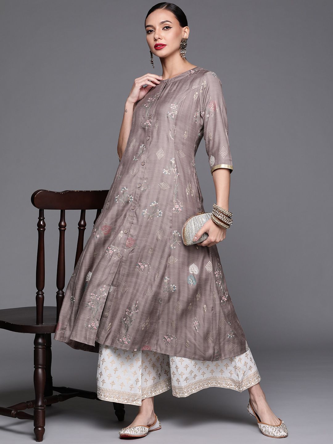 Libas Women Grey & Golden Floral Motifs Printed A-line Kurta with Pocket