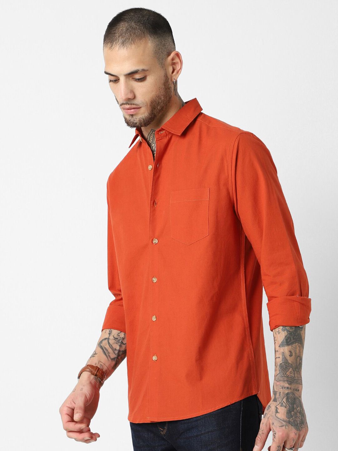 VASTRADO Classic Slim Fit Long Sleeves Spread Collar Cotton Opaque Casual Shirt