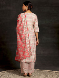 Libas Beige Ethnic Motifs Printed Sequinned Straight Kurta With Palazzos & Dupatta