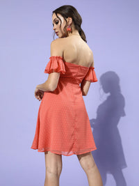 Berrylush Women Attractive Peach Self-Design Dobby Weave Dress