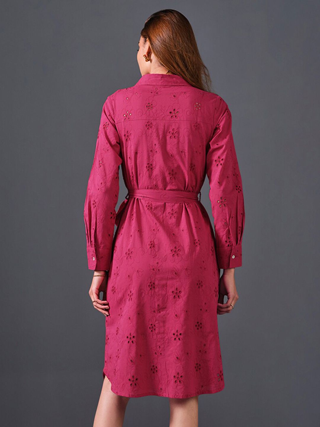 AND Self Design Belted Pure Cotton Shirt Dress