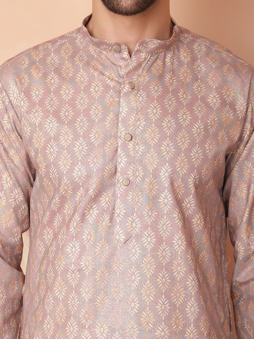 Jompers Floral Foil Printed Mandarin Collar Straight Kurta With Pyjamas