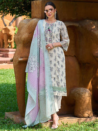 Indo Era Floral Printed Regular Thread Work Pure Cotton Kurta with Trousers & With Dupatta