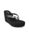Metro Black & Silver-Toned Embellished Wedges