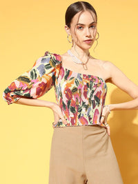 Berrylush Women Floral Print One Shoulder Crepe Top