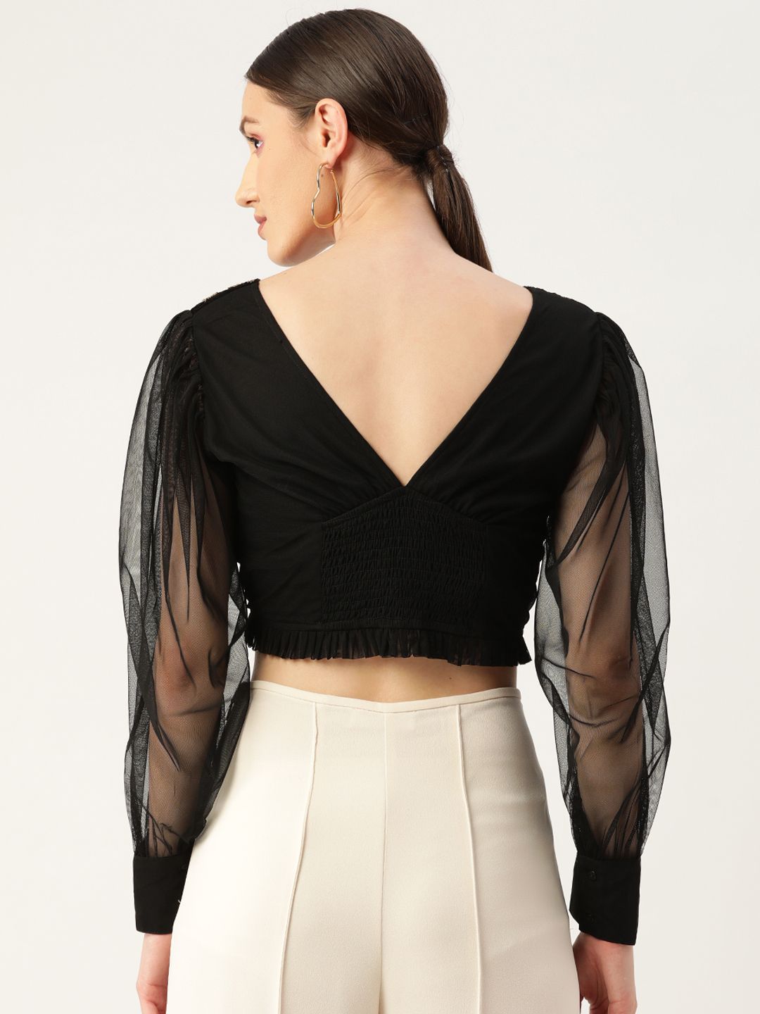 Antheaa Black Embellished Velvet Crop Top
