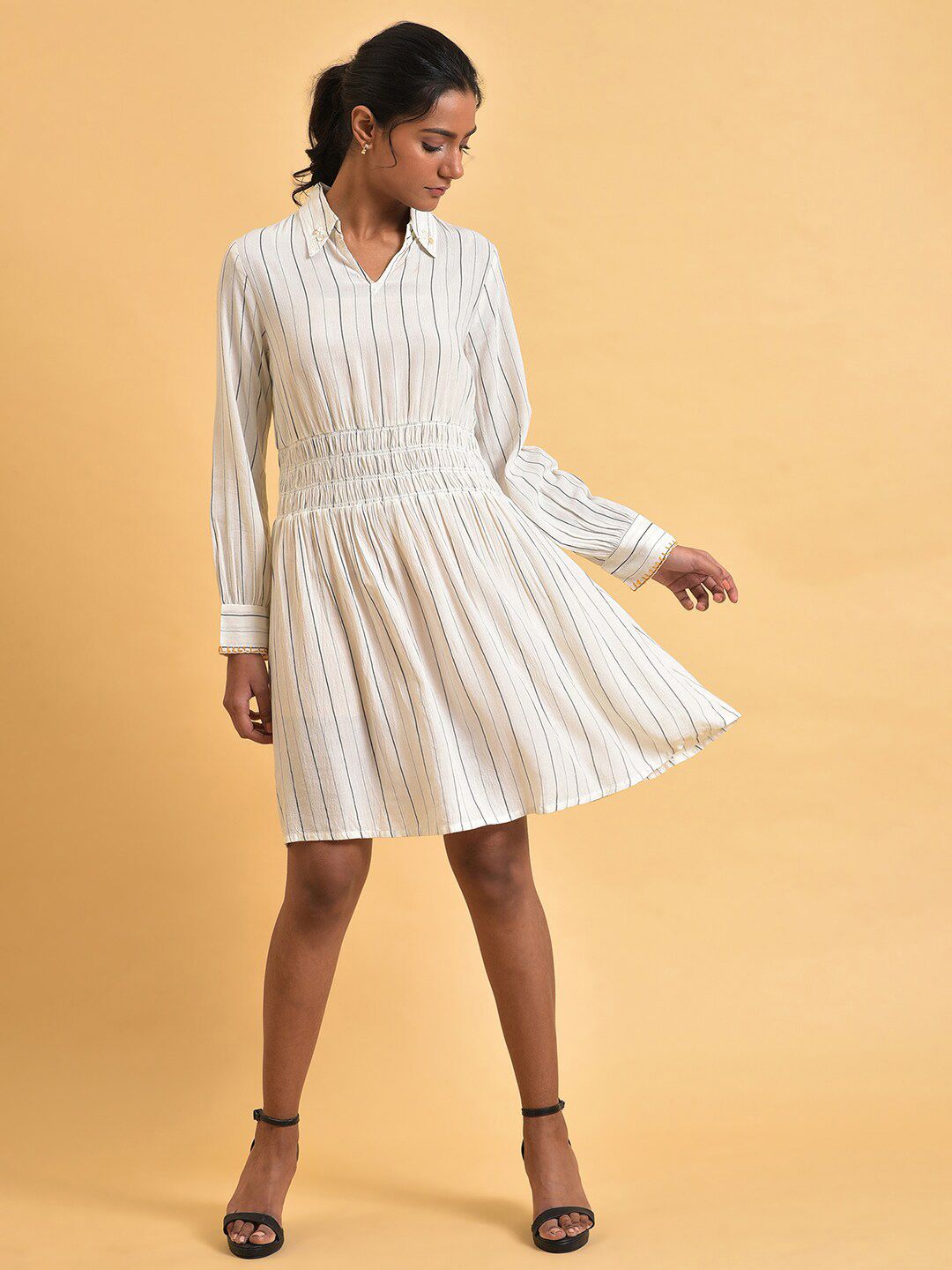 W Shirt Collar Striped Shirt Dress