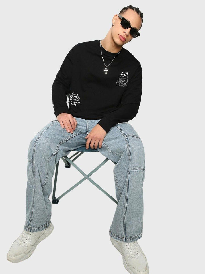 Bewakoof Black Panda Printed Pure Cotton Oversize Fit T-shirt