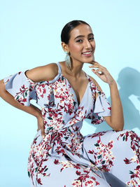 Berrylush Women Blue Floral Crepe Wrap Dress