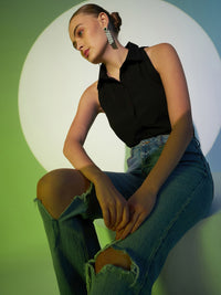 Berrylush Black Solid Sleeveless Casual Shirt