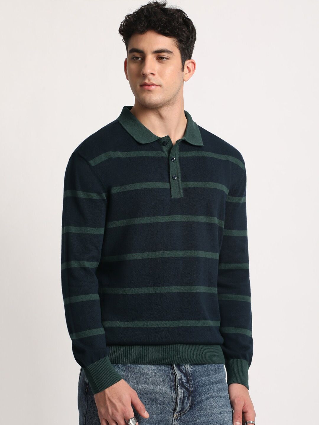 THE BEAR HOUSE Striped Polo Collar Pure Cotton T-shirt