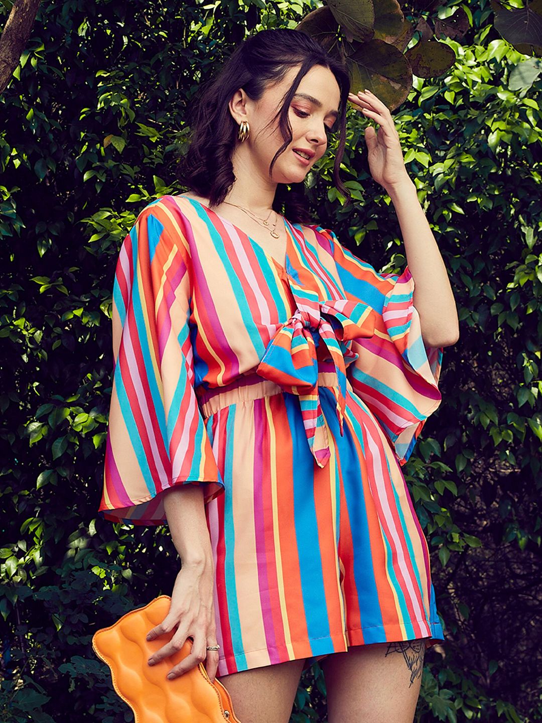 SASSAFRAS Blue & Pink Striped Front Tie Knot Playsuit