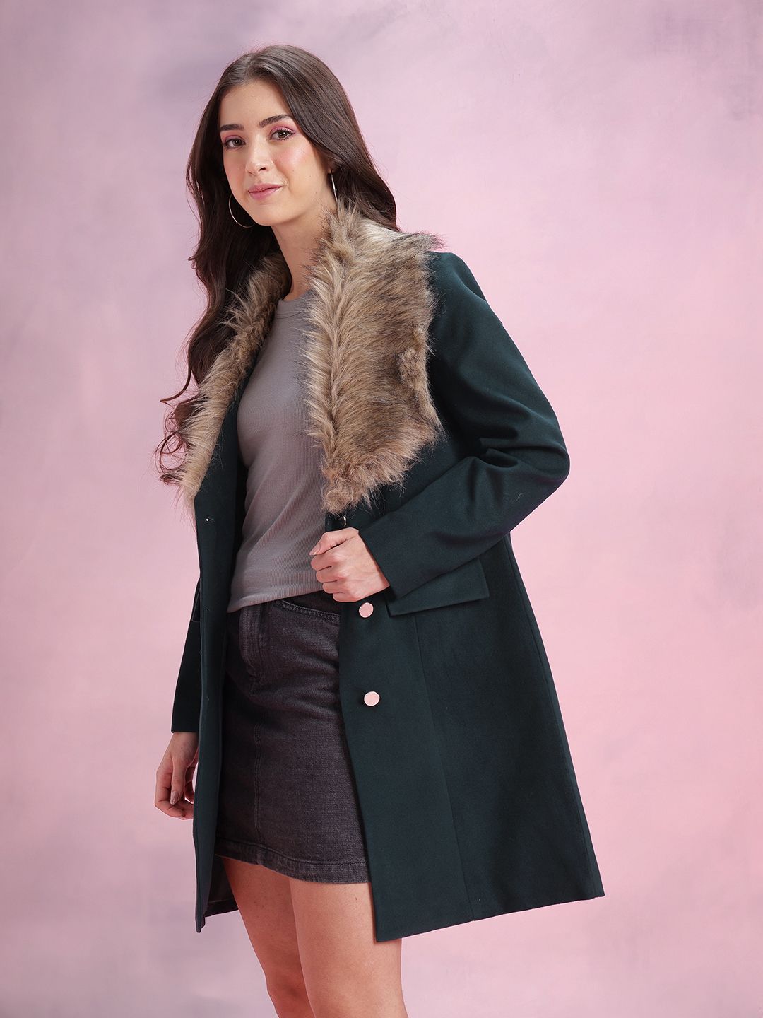 DressBerry Fur Shawl Collar Single-Breasted Overcoat