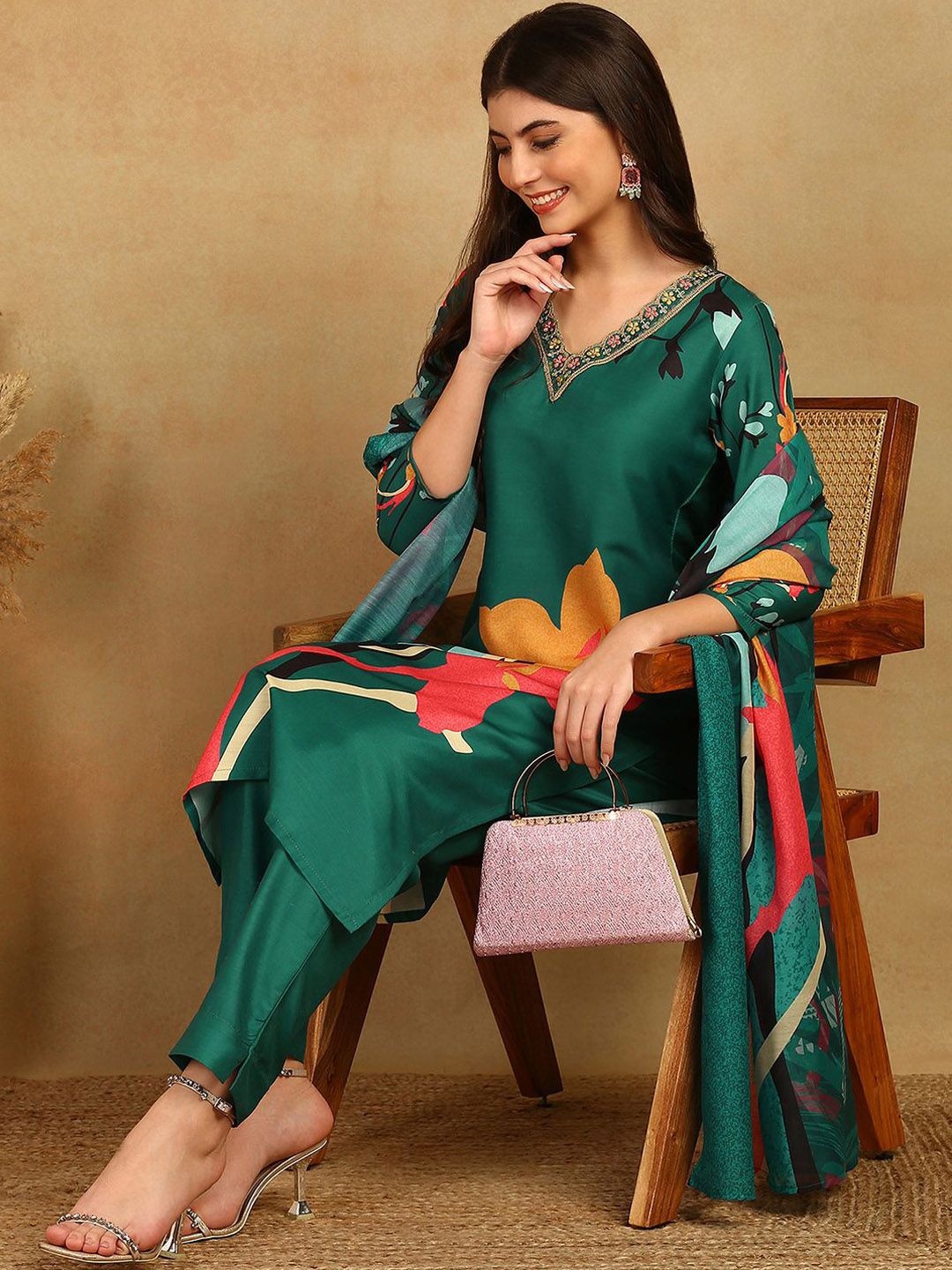 KALINI Floral Printed V-Neck Beads and Stones Kurta with Trousers & Dupatta