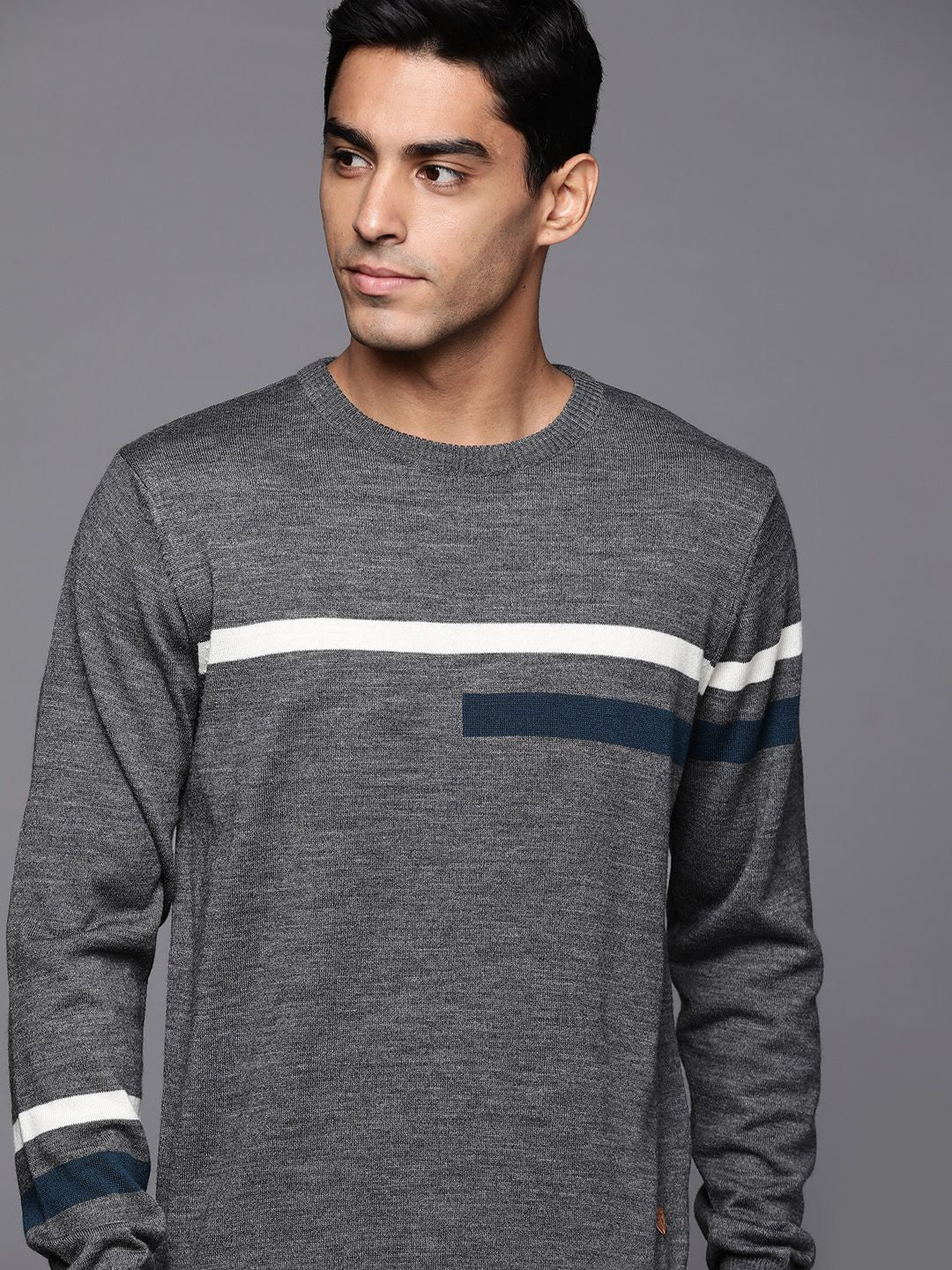 Raymond Men Charcoal Grey & White Striped Striped Pullover