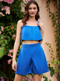 Athena Blue Shoulder Straps Pleated Crop Top With Shorts