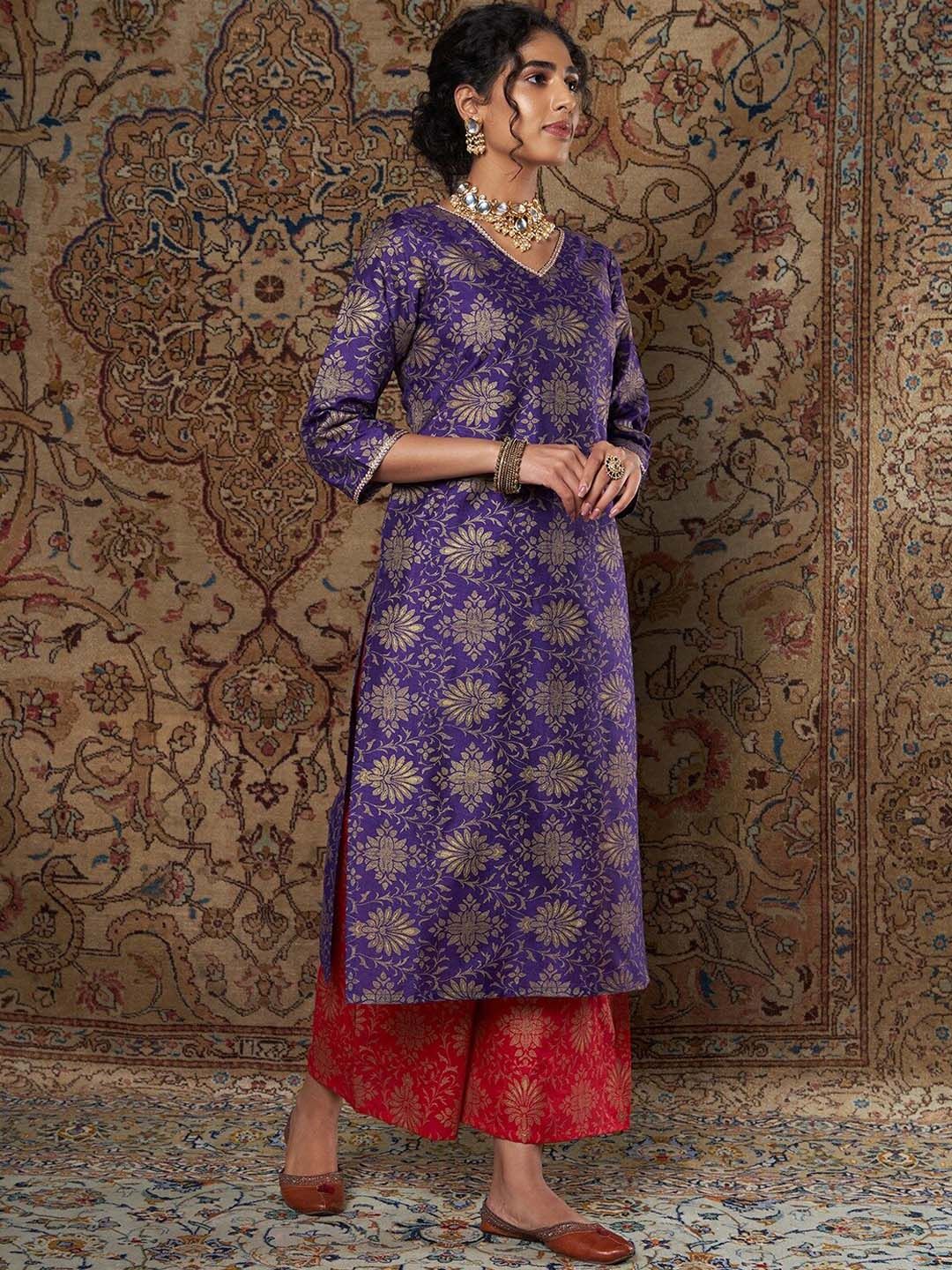 Shae by SASSAFRAS Floral Printed Zari Jacquard Straight Kurta