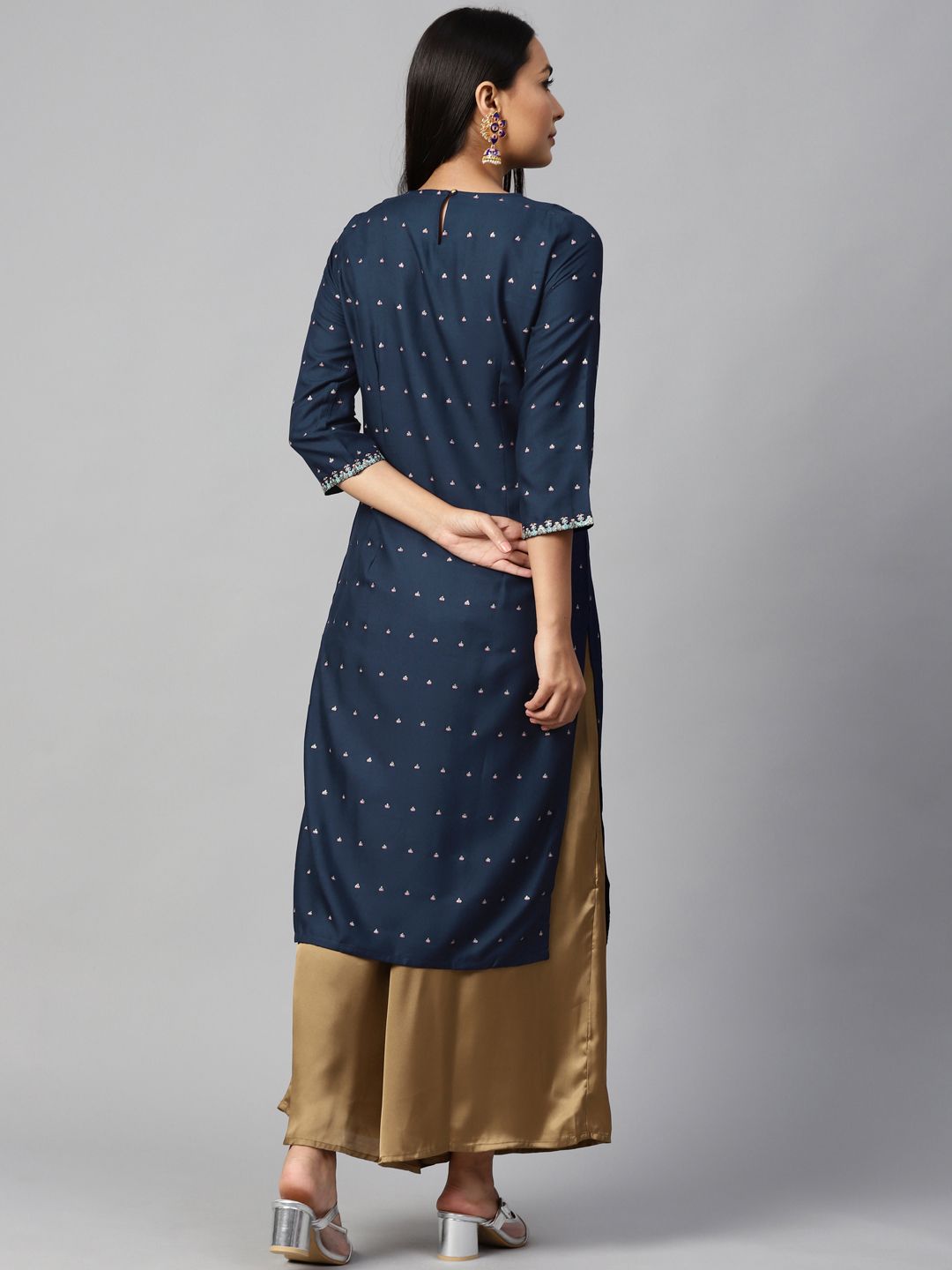 W Women Navy Blue Ethnic Printed Straight Kurta